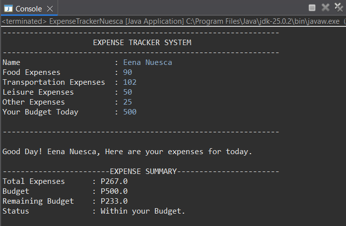 Program Output Part 1